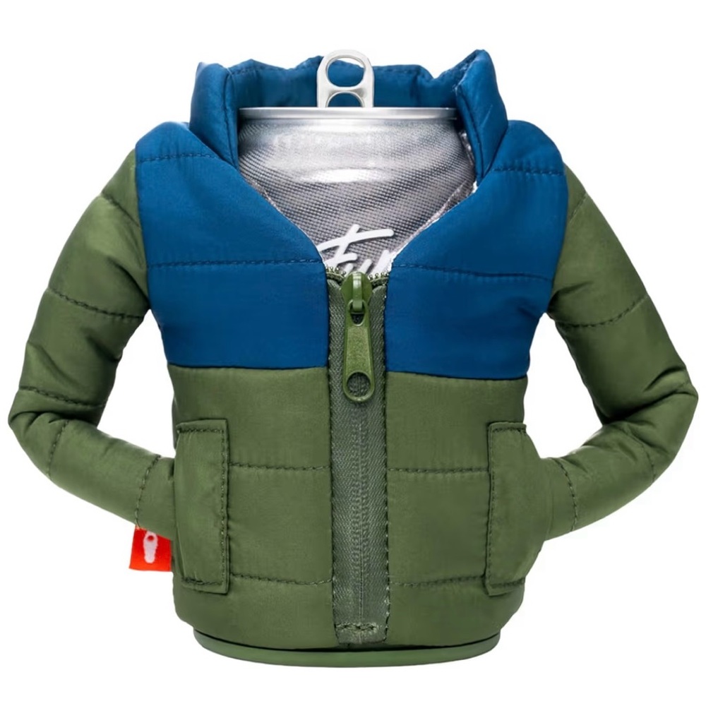 Puffin The Puffy Jacket  Insulated 12 oz Can Cooler Insulator Olive Green Blue